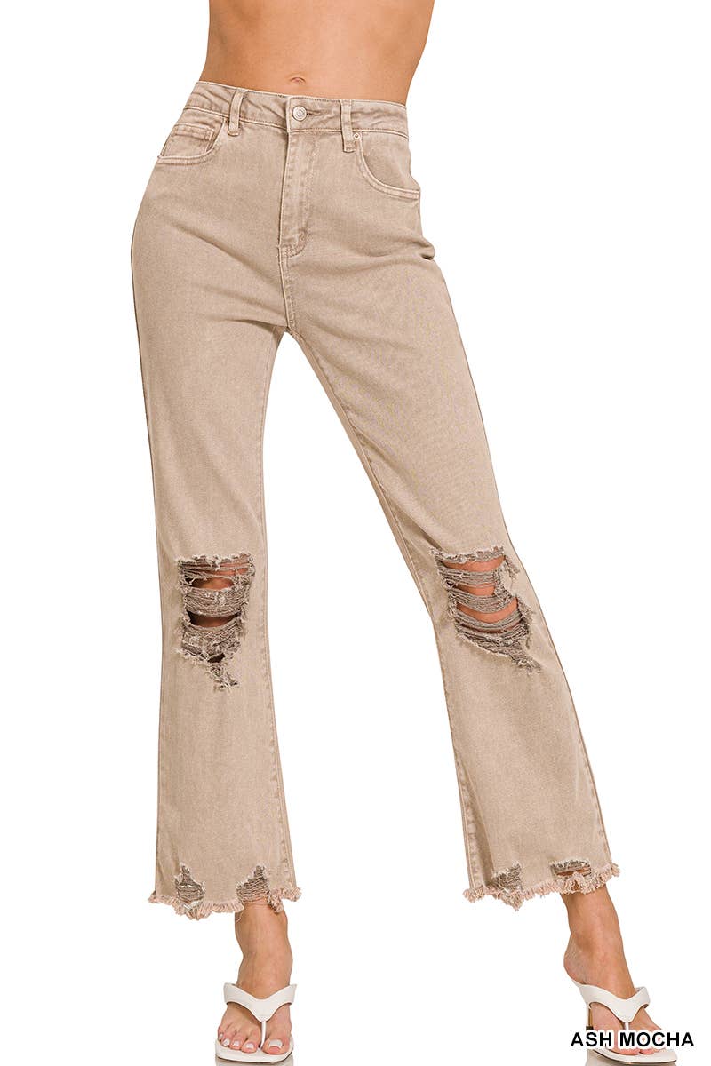 ACID WASHED HIGH WAIST DISTRESSED PANTS