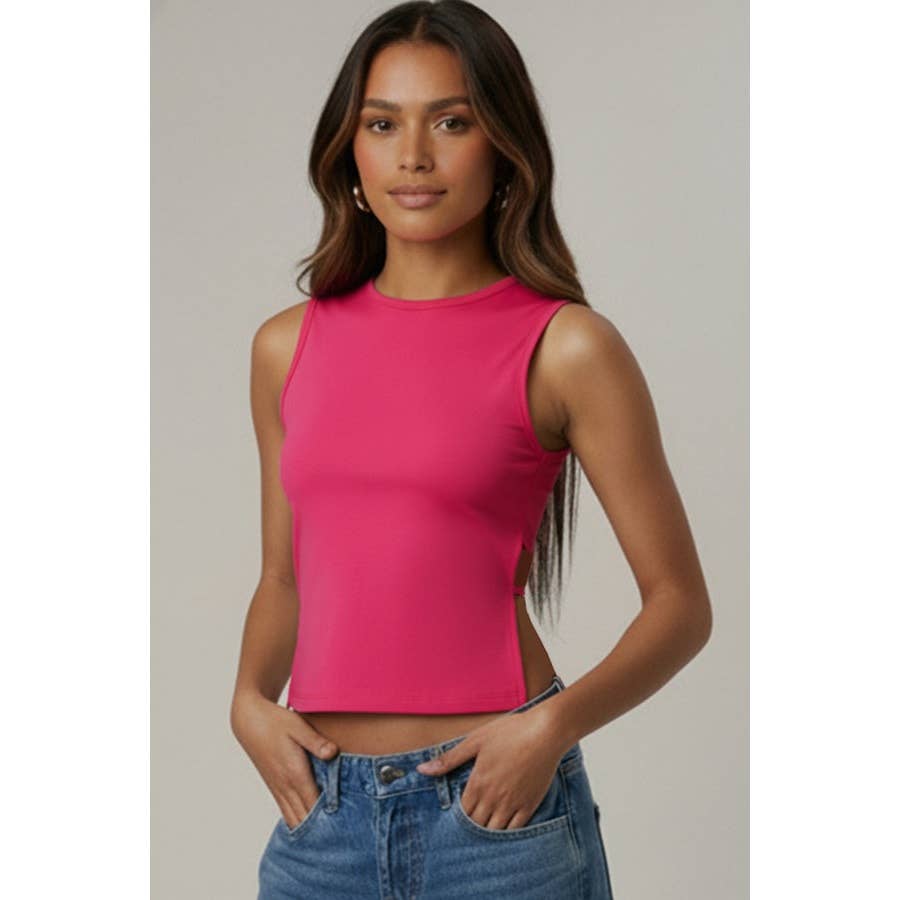 Sleeveless Mock Neck Top w Back Tie