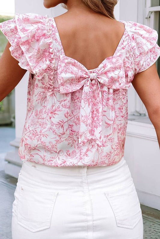 LDC Floral Ruffled Short Sleeve Square Neck Bow Back Blouse