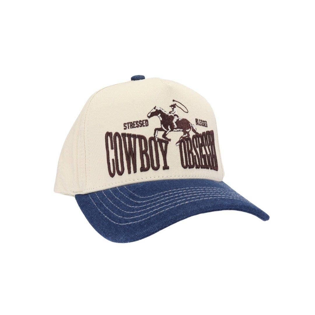 Cowboy Obsessed Embroidered Trucker Hat: Denim