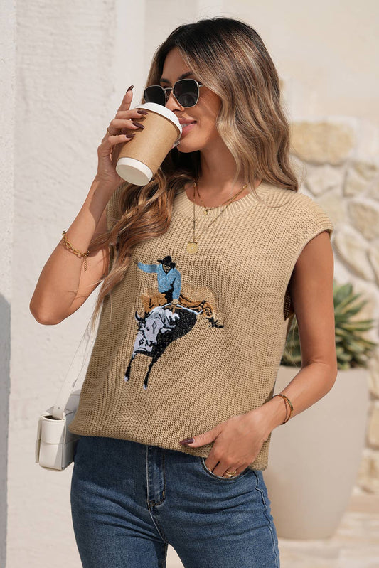 Western Spring Cowboy Embroidered Sleeveless Sweater