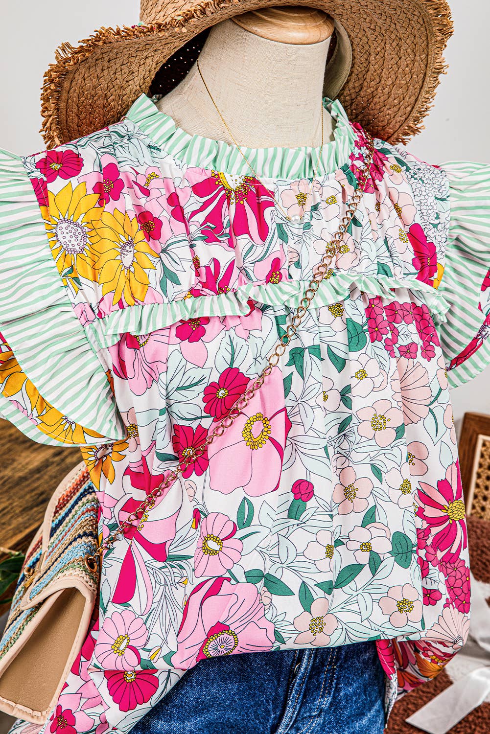 Floral  Ruffle Trim Short Sleeve Blouse