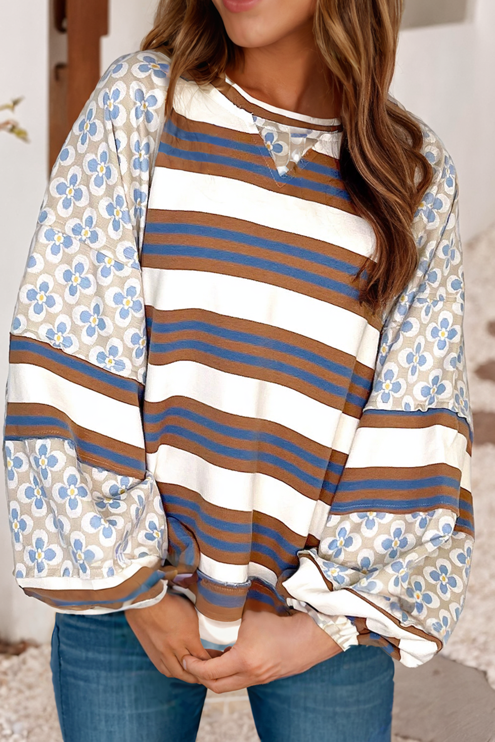 LDC Striped Floral Printed Patchwork Long Puff Sleeve Top
