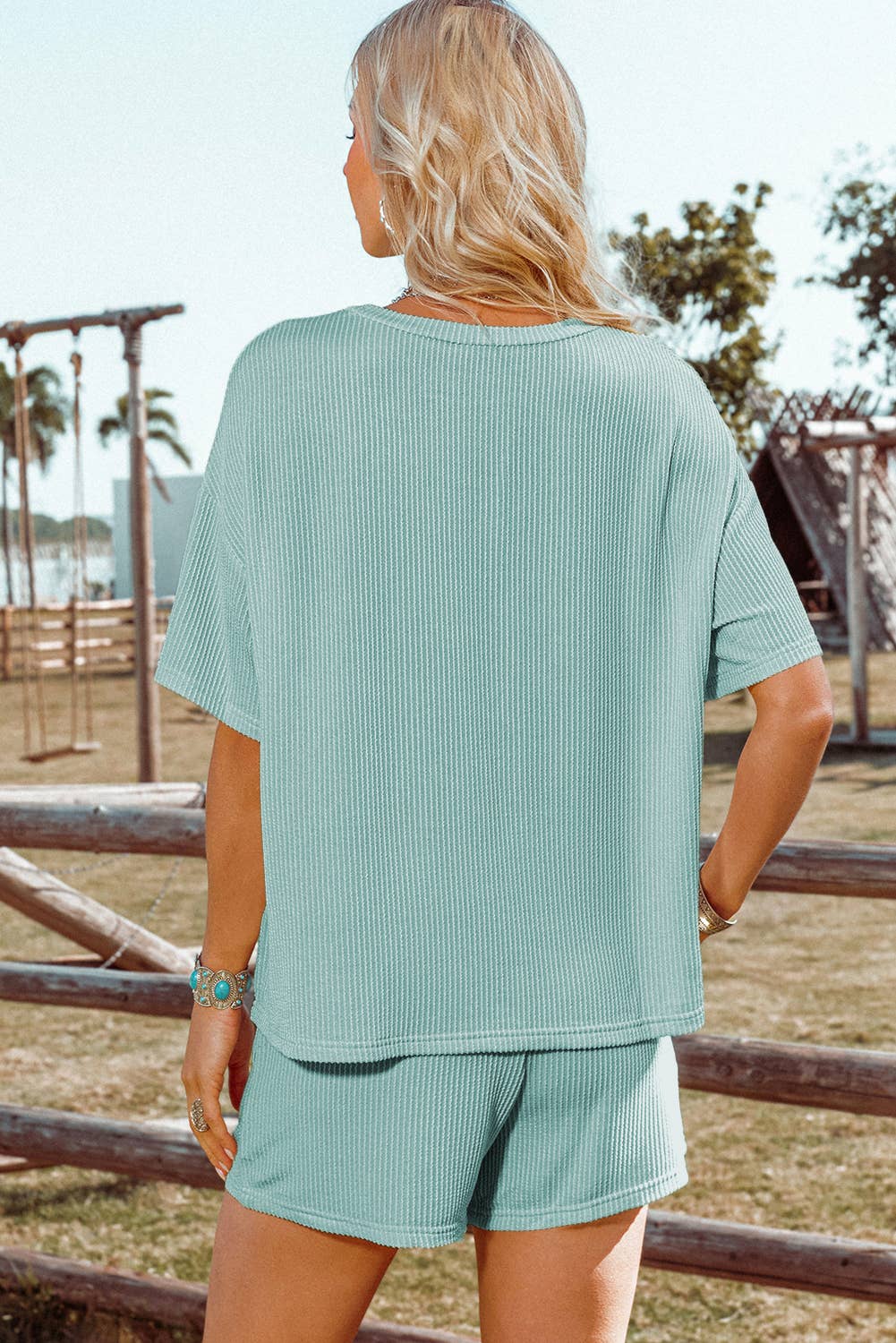 Ribbed Textured Knit Loose Fit Tee and Shorts Set