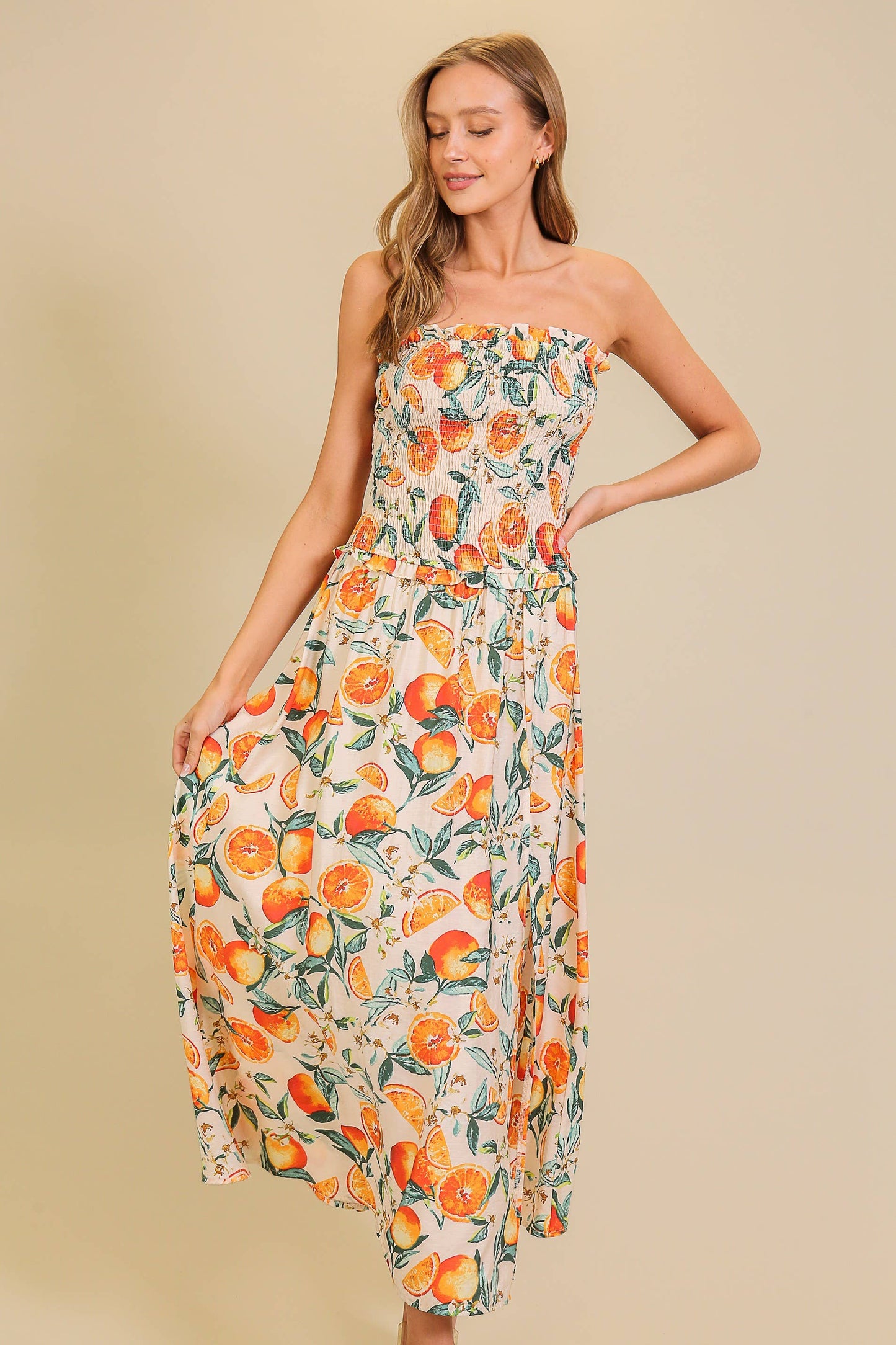 Strapless Citrus Print Maxi Dress
