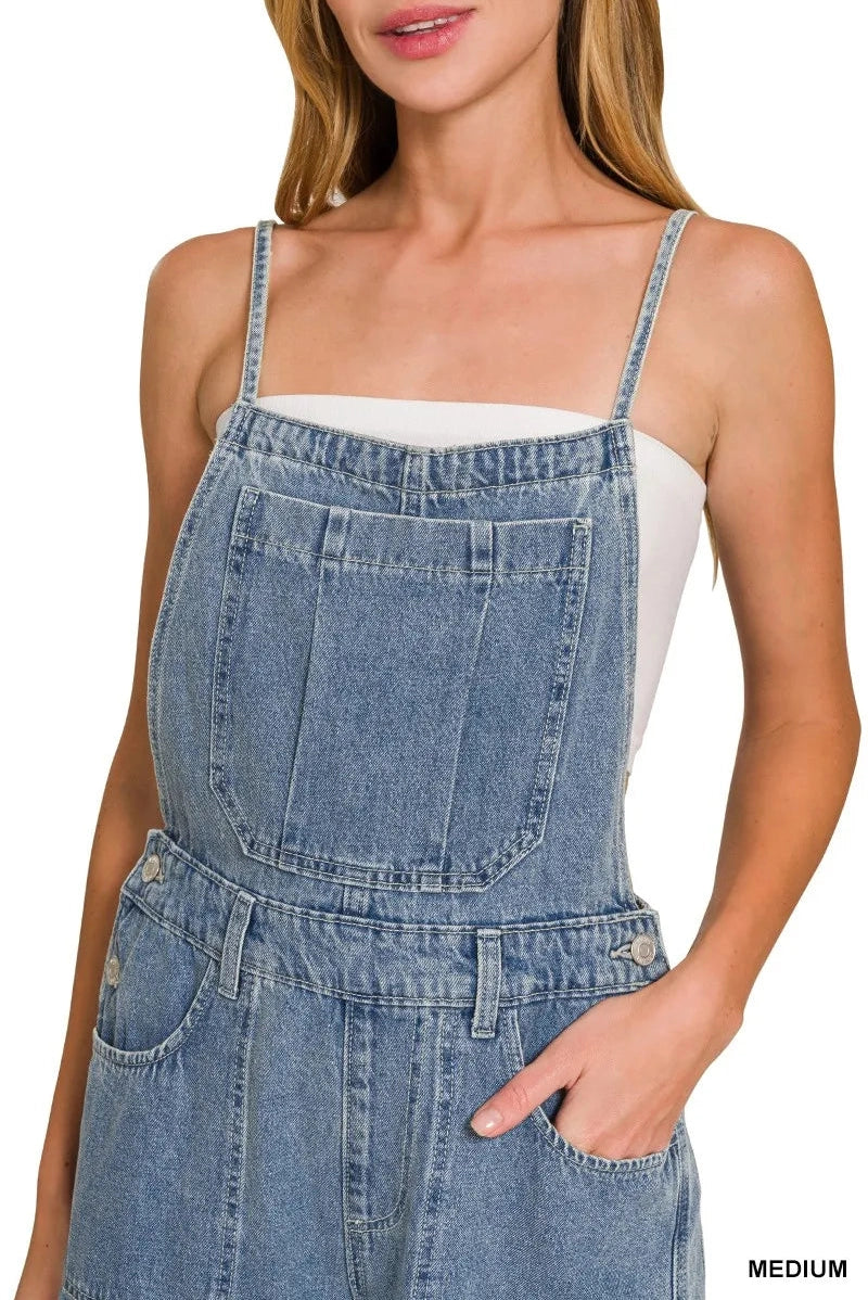 Denim Medium Washed Wide Leg Overalls