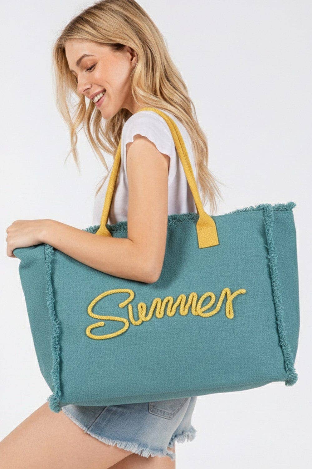 Sewn Rope Summer Letter Fringe Tote Bag: Orange