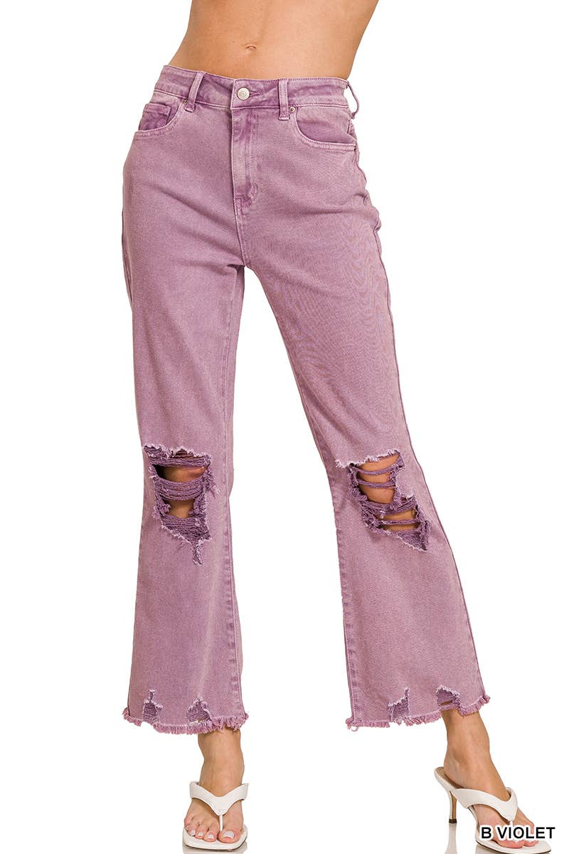 ACID WASHED HIGH WAIST DISTRESSED PANTS