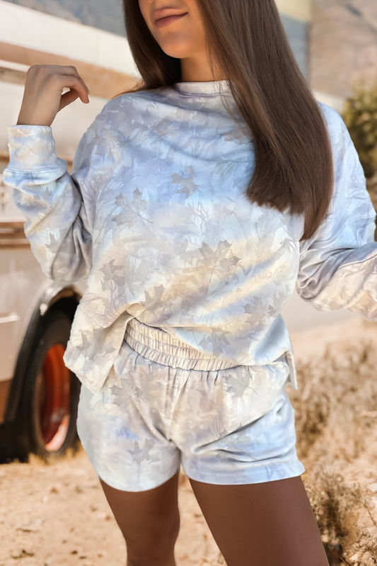 Camo Pullover Top and Elastic Waist Casual Short Set