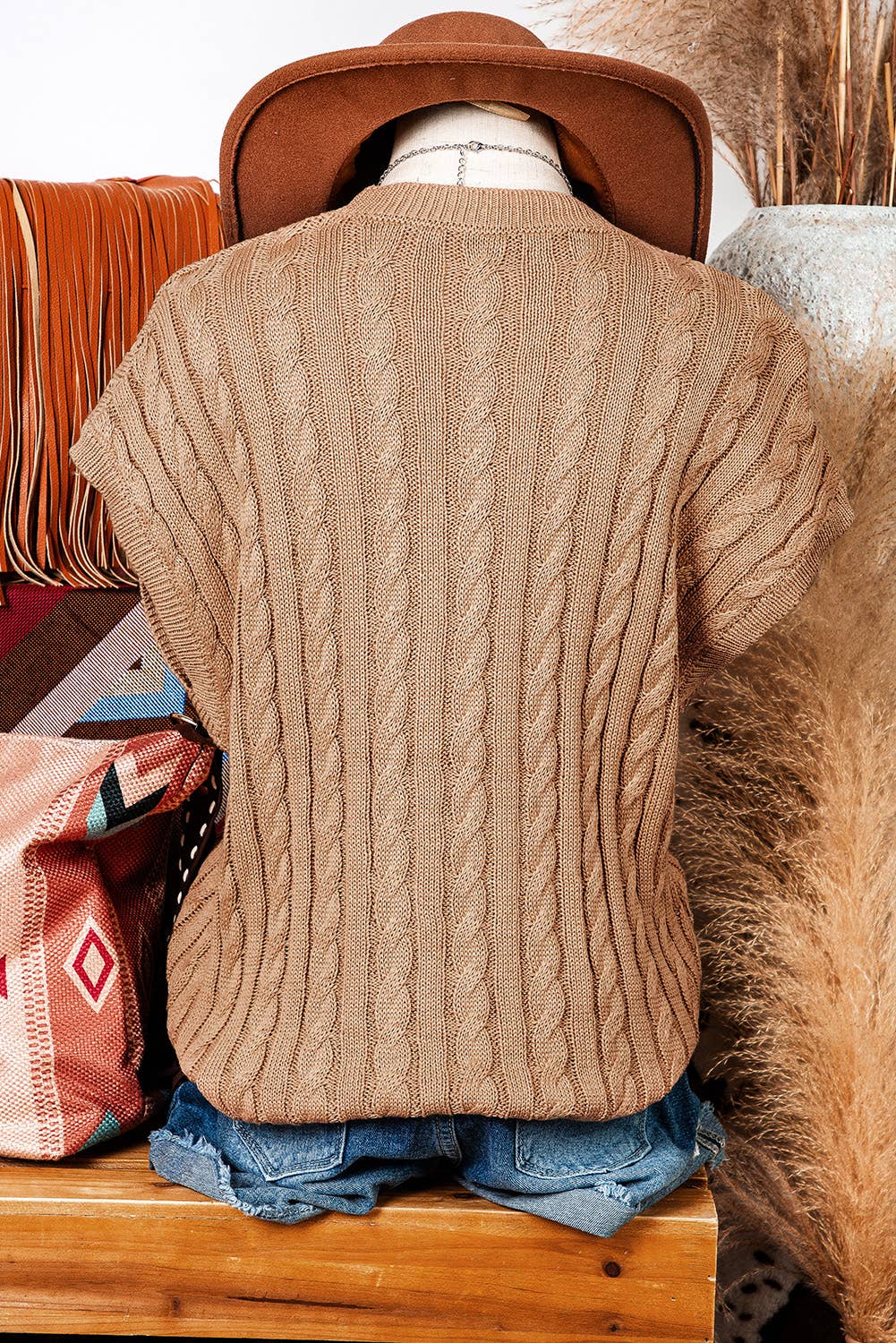 Crew Neck Cable Knit Short Sleeve Sweater