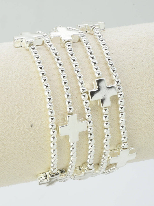 CB2259 5 Piece Cross Beaded Bracelet Set: Silver