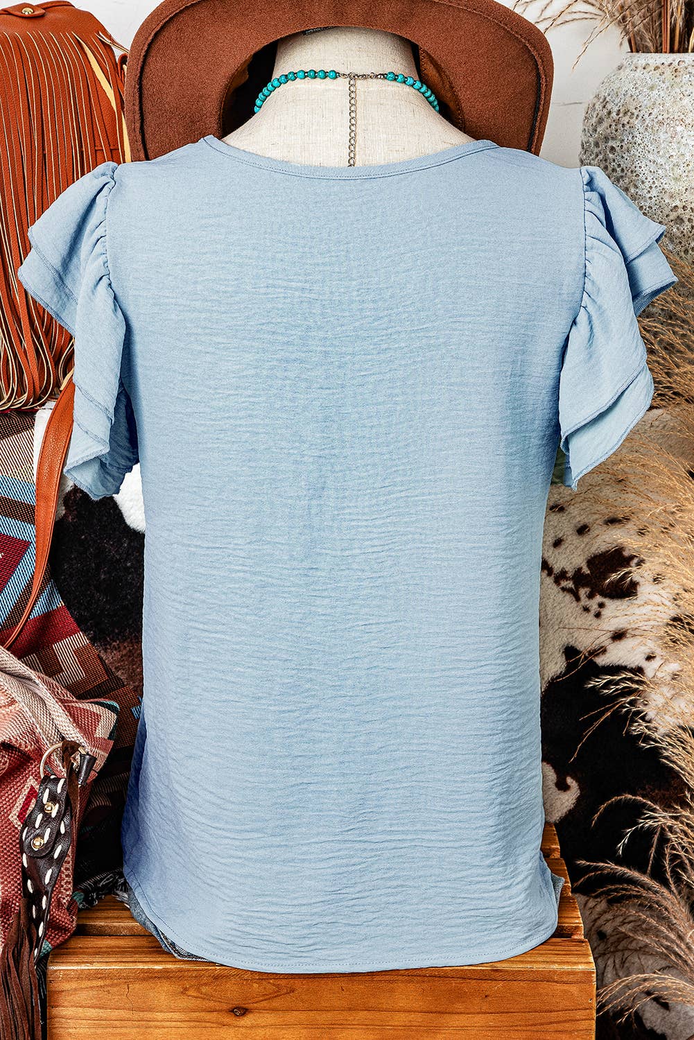 Solid Color Ruffled Short Sleeve Casual Blouse