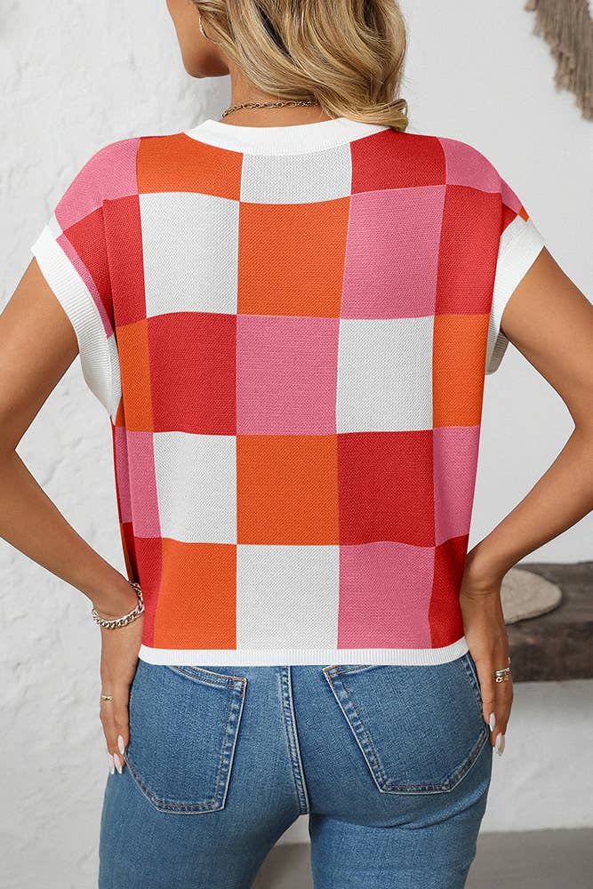 Cropped Color Block Crewneck Knit Checkerboard Sweater MD167