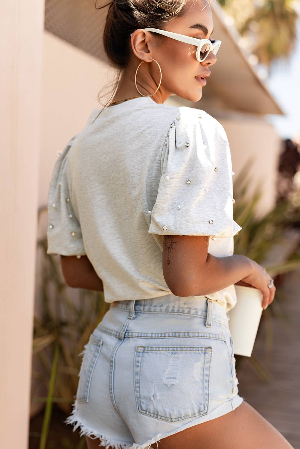 Rhinestone Pearl Puff Half Sleeve Top