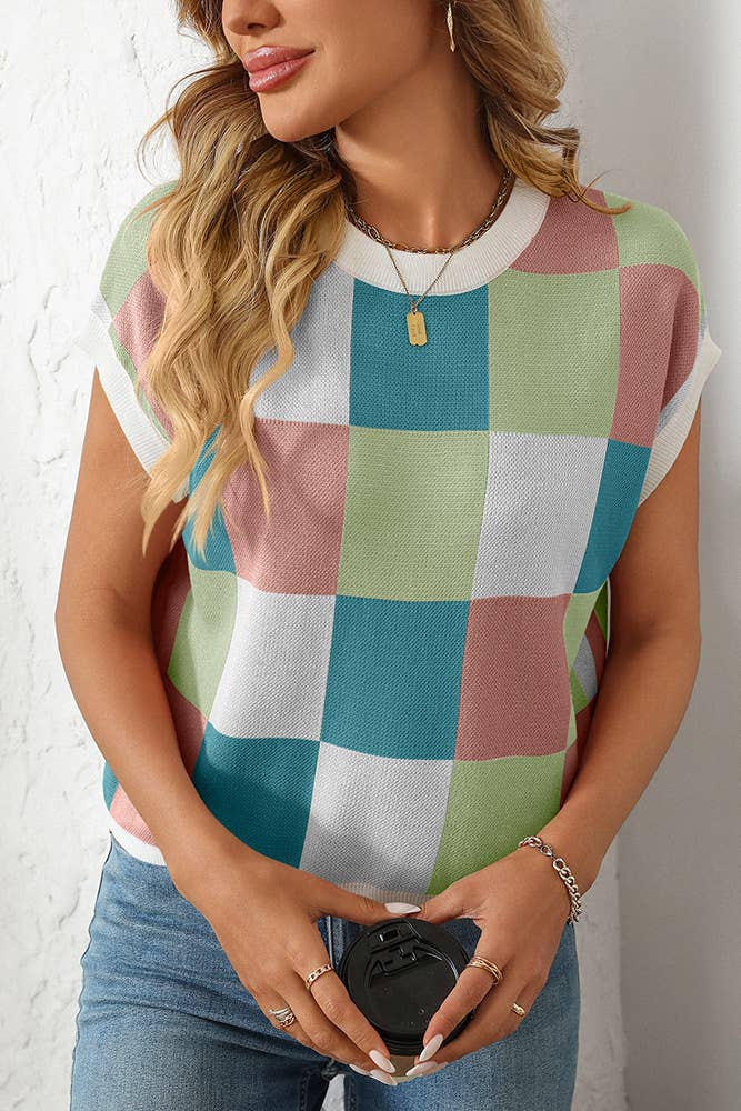 Cropped Color Block Crewneck Knit Checkerboard Sweater MD167