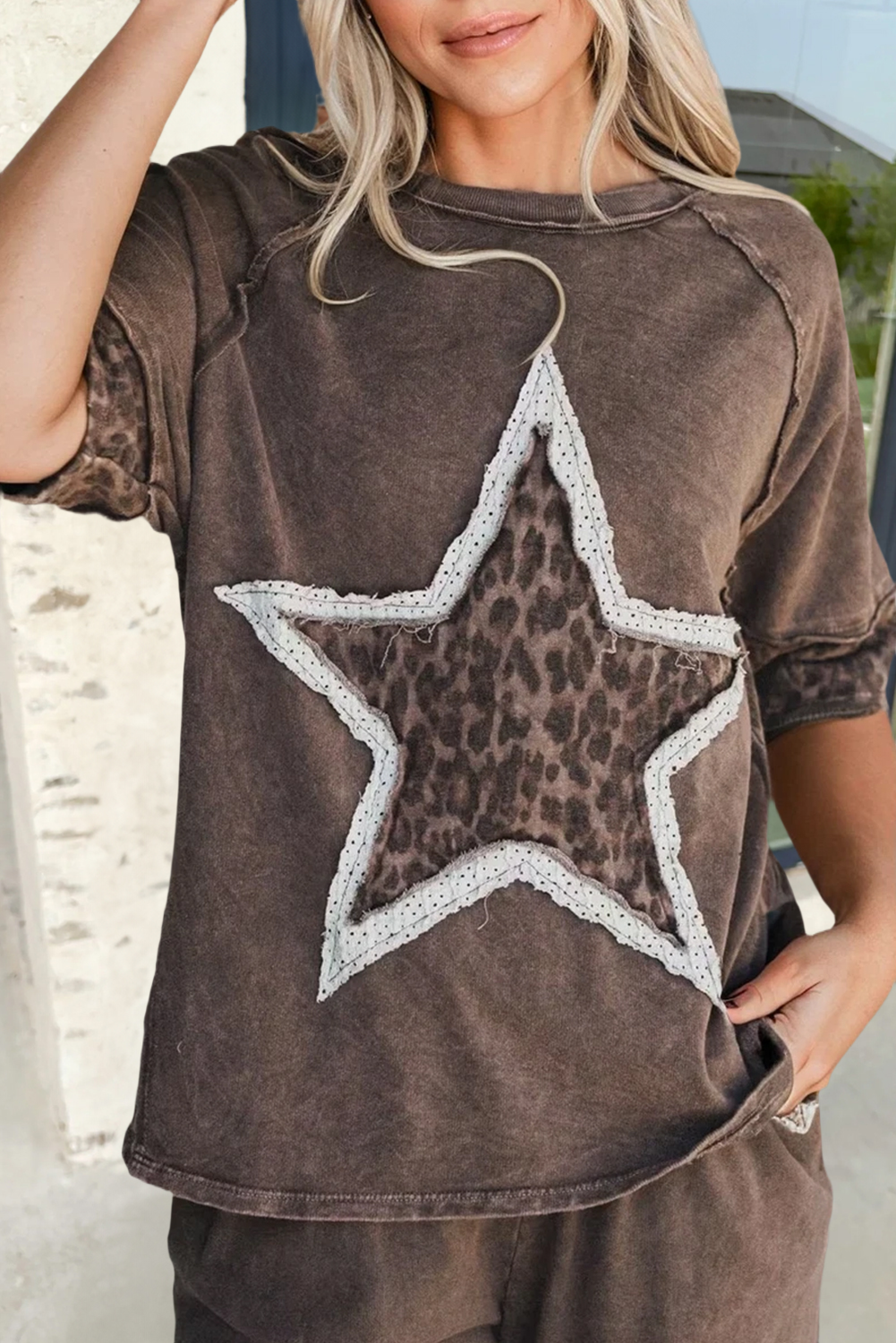Mineral Wash Leopard Star Patched T Shirt