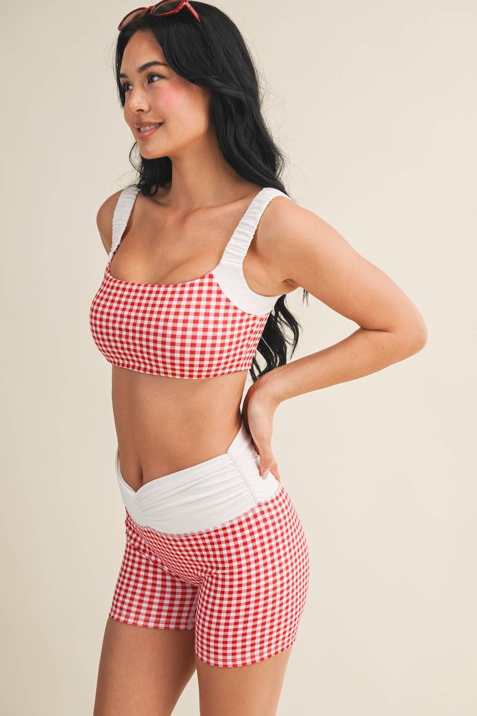 Gingham Print Scrunched Strap Sports Bra & Biker Short Set