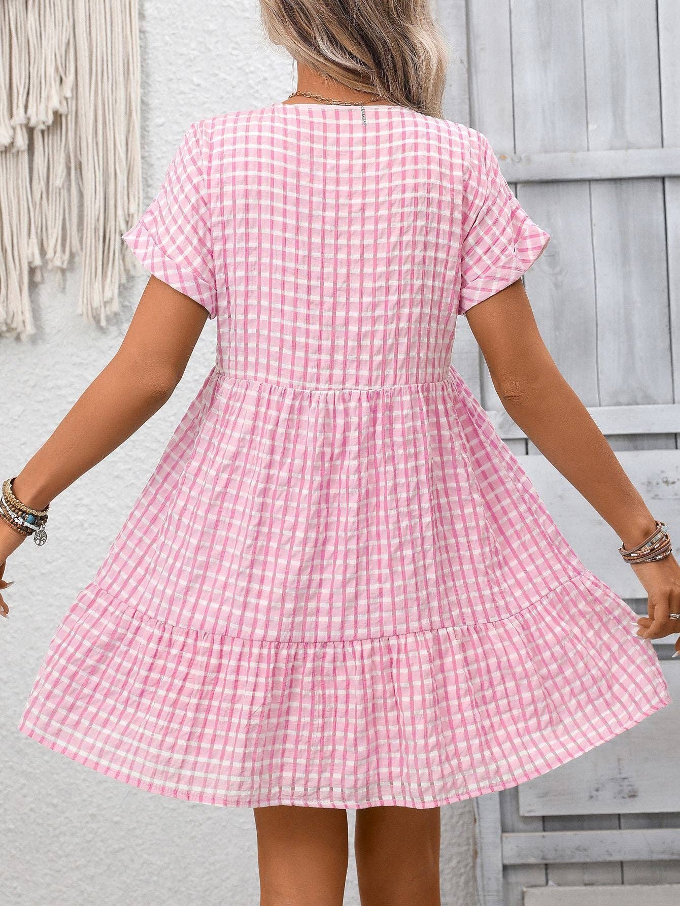 Checkered V Neck Short Sleeve Summer Dress