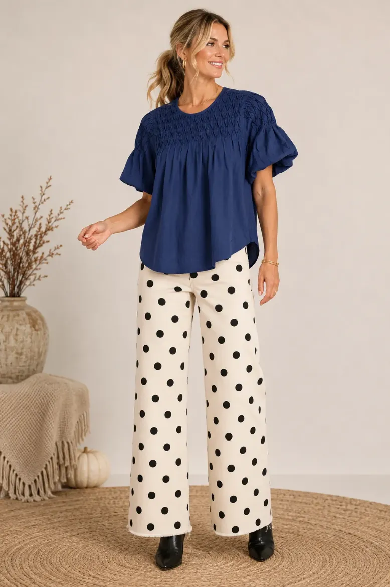 PUFF SLEEVE SMOCKED YOKE BLOUSE