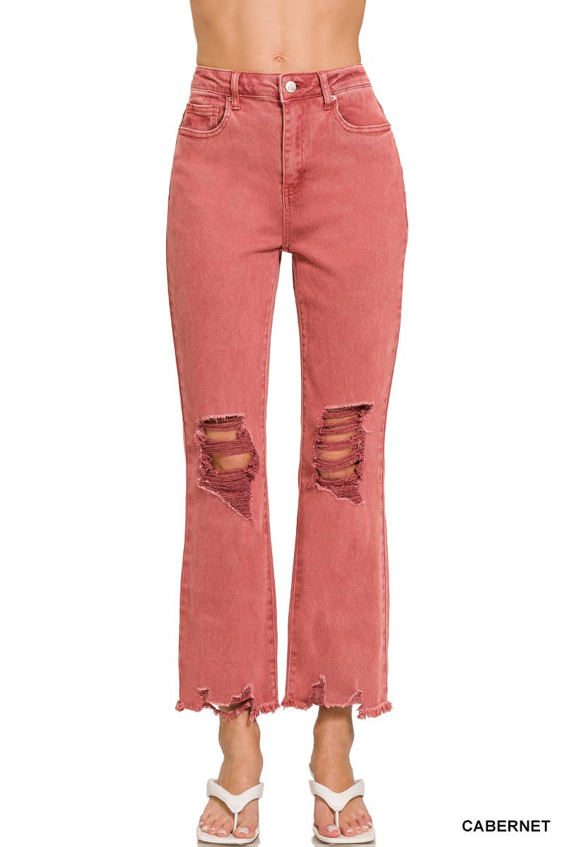 ACID WASHED HIGH WAIST DISTRESSED PANTS