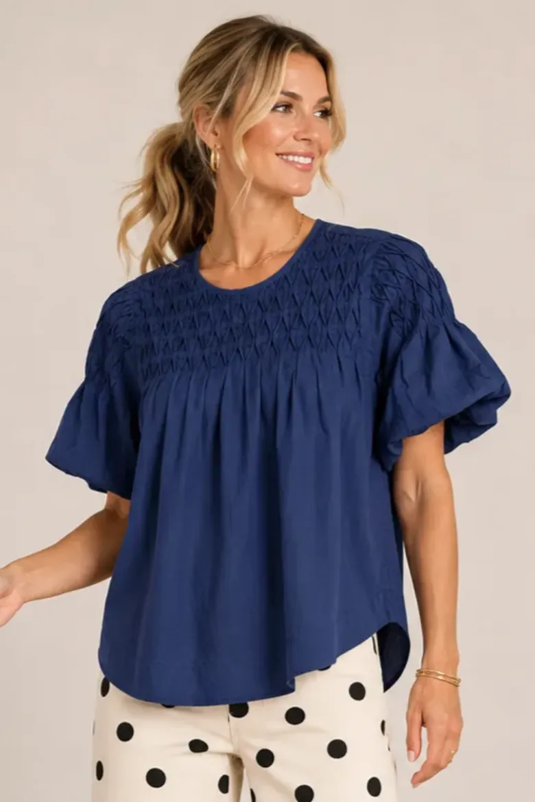 PUFF SLEEVE SMOCKED YOKE BLOUSE