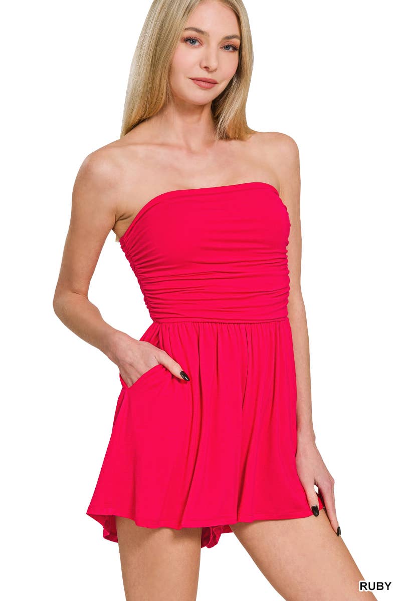 Double Layered Strapless  Romper w/ Pockets