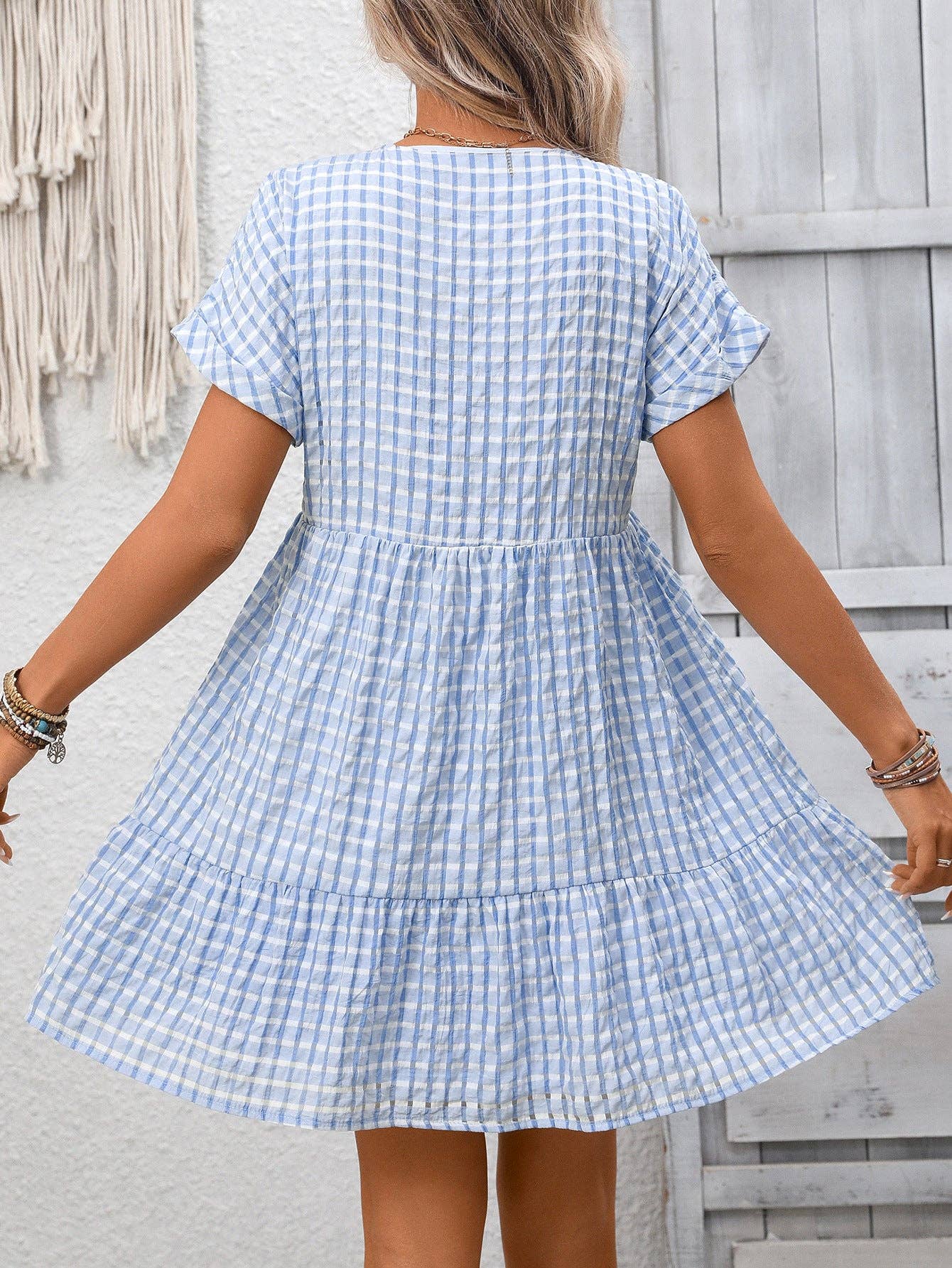 Checkered V Neck Short Sleeve Summer Dress