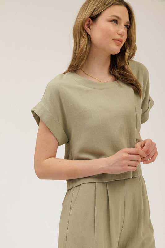 LINEN SHORT FOLD SLEEVE BOXY CUT TOP