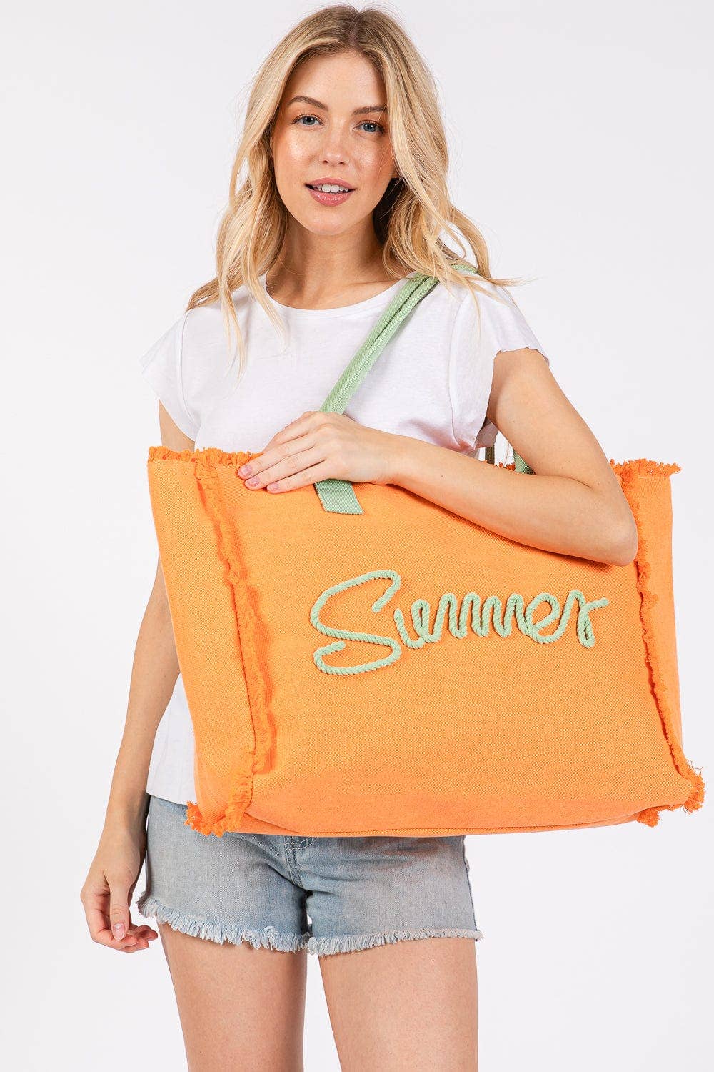 Sewn Rope Summer Letter Fringe Tote Bag: Orange