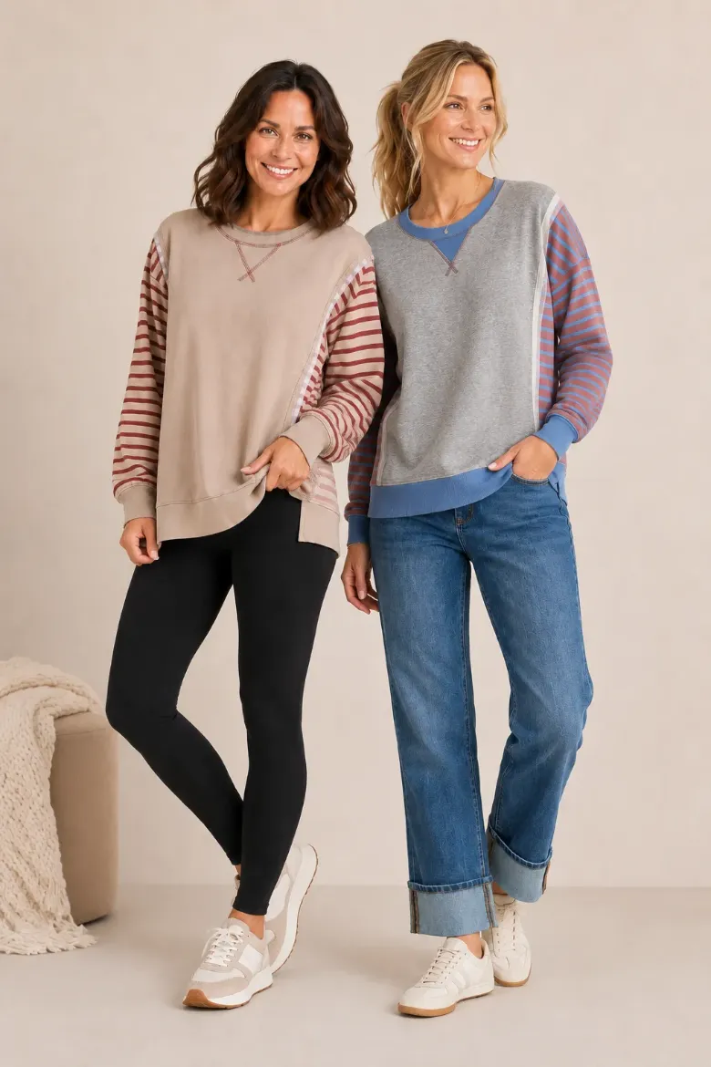 FRENCH TERRY RAW TRIM STRIPE INSERT PULLOVER