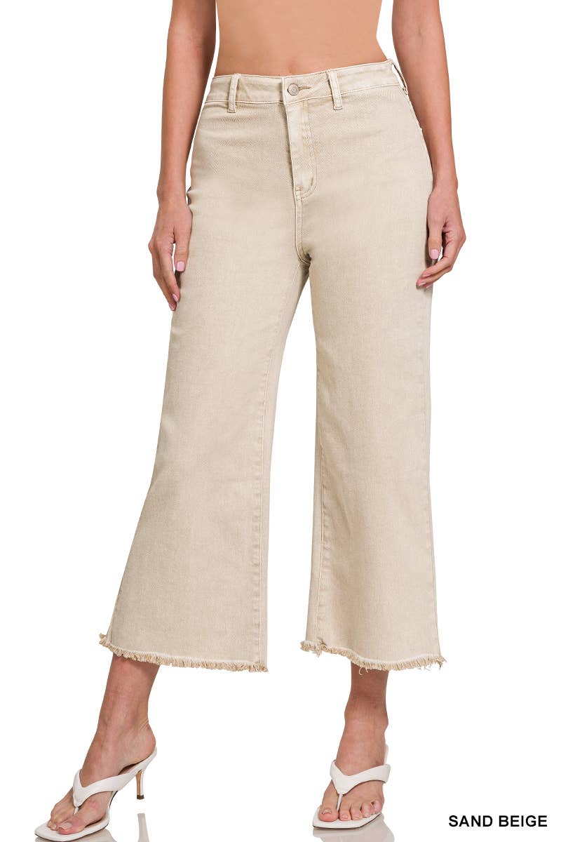 Acid Washed High Waist Frayed Hem Straight Wide Pan