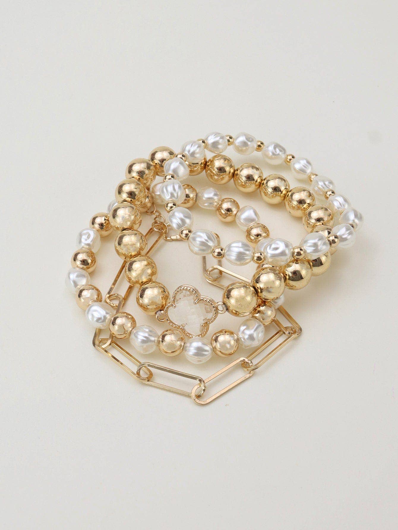 CB2170 Shiny Multi Clover Beaded and Chain Bracelet Set: Gold Cream