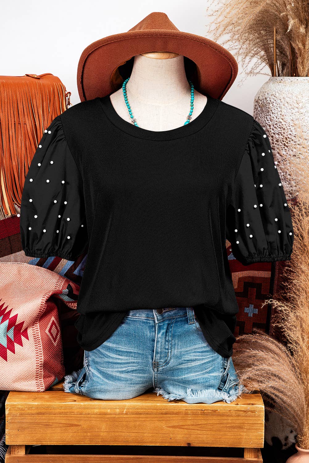 Pearl Beaded Puff Sleeve Top