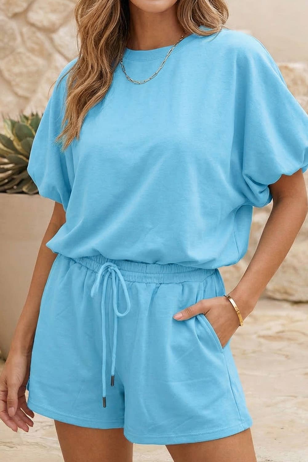 Puffy Loose Top Drawstring Shorts 2pcs Outfit