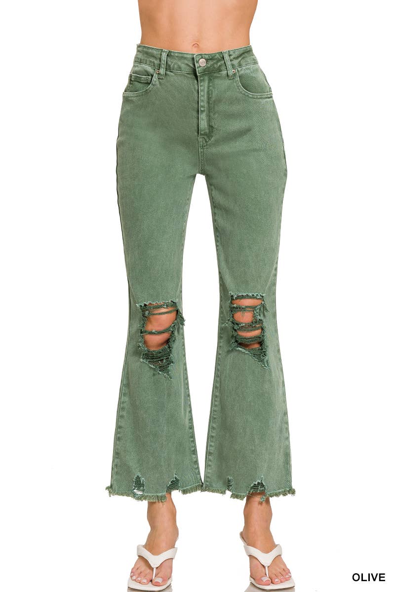 ACID WASHED HIGH WAIST DISTRESSED PANTS