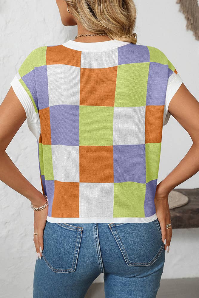 Cropped Color Block Crewneck Knit Checkerboard Sweater MD167