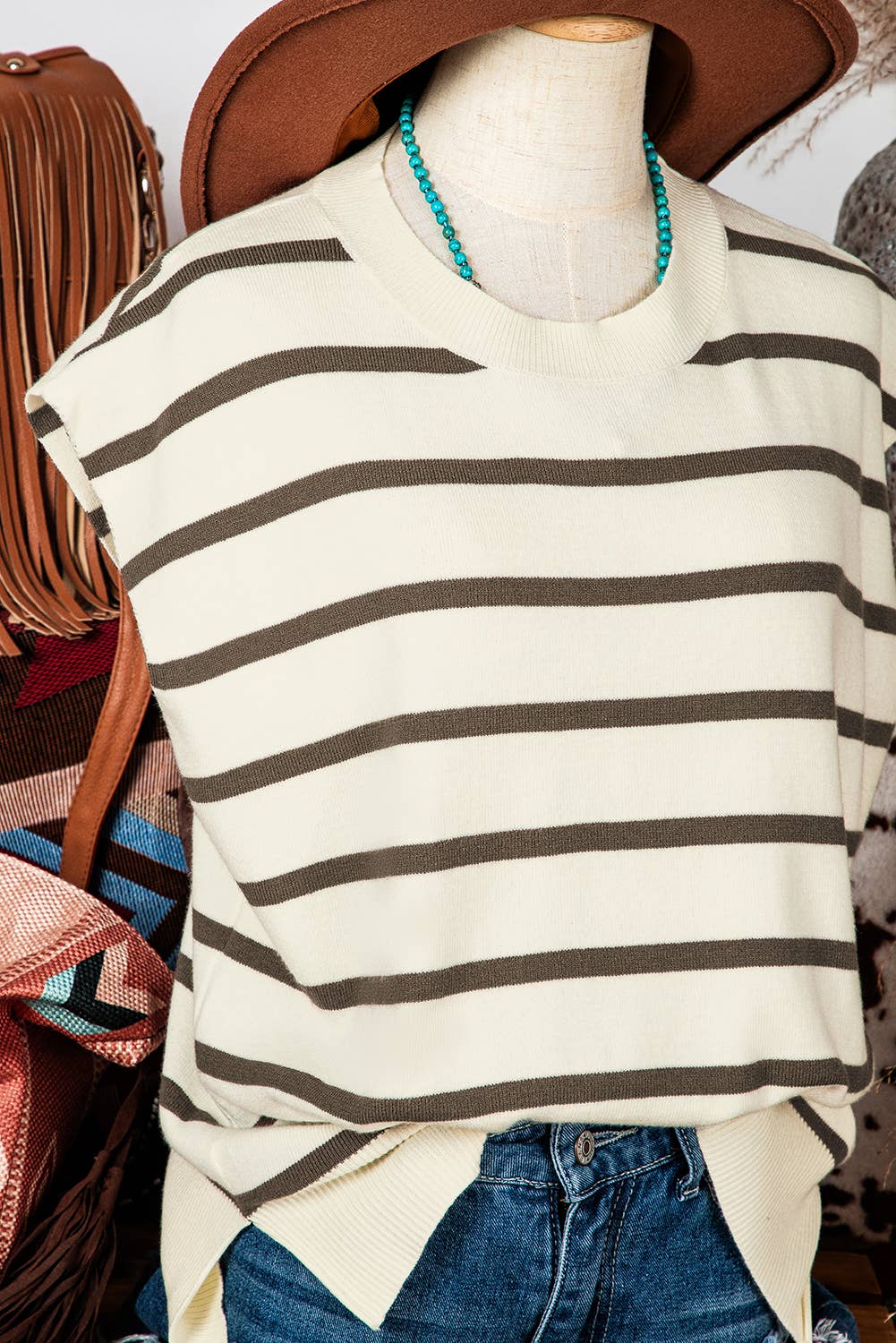 Stripe Side Slits Crewneck Short Sleeve Sweater Tee