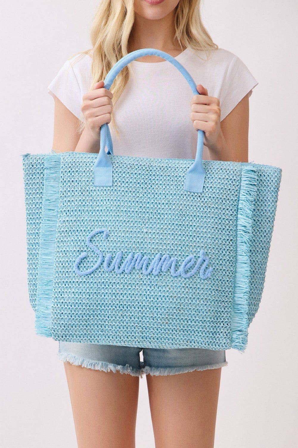 Straw Fringe Summer Beach Tote Bag: Pink