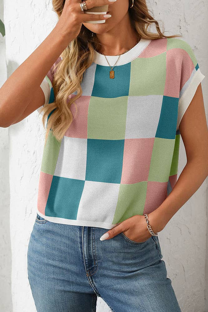 Cropped Color Block Crewneck Knit Checkerboard Sweater MD167