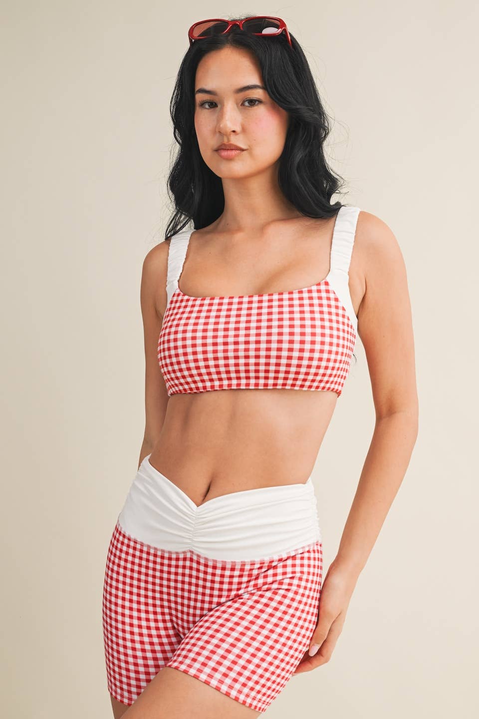 Gingham Print Scrunched Strap Sports Bra & Biker Short Set