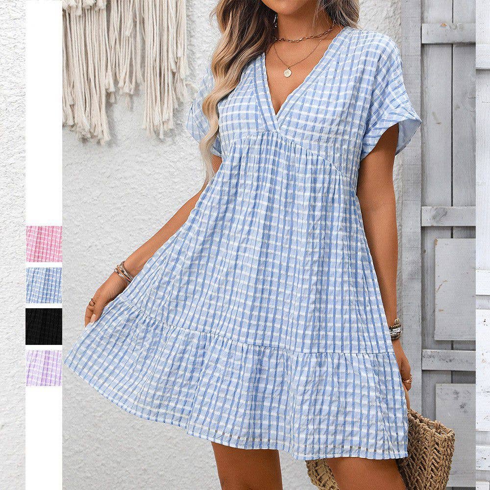 Checkered V Neck Short Sleeve Summer Dress