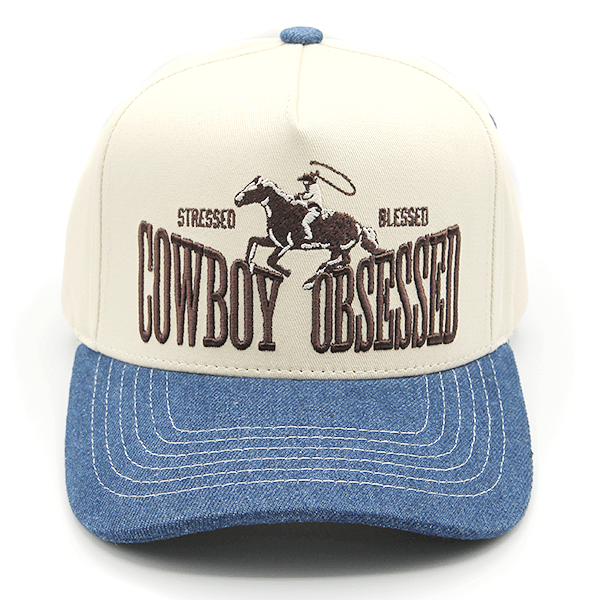 Cowboy Obsessed Embroidered Trucker Hat: Denim