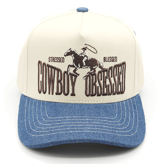 Cowboy Obsessed Embroidered Trucker Hat: Denim