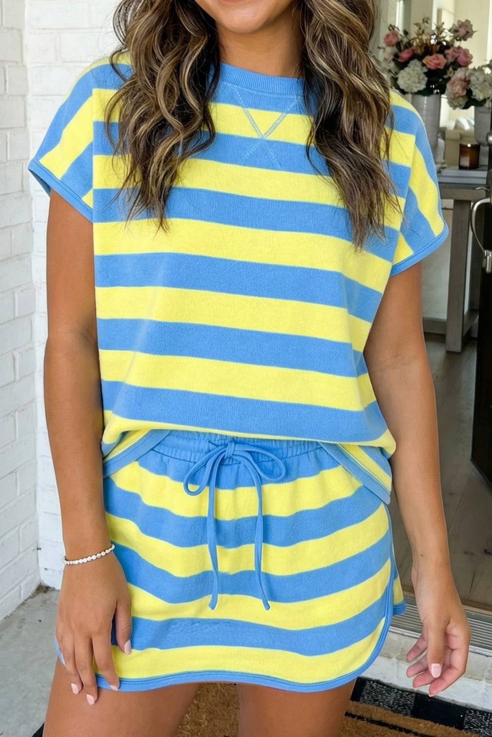 Stripe Dolman Tee & Drawstring Skort 2pcs Set