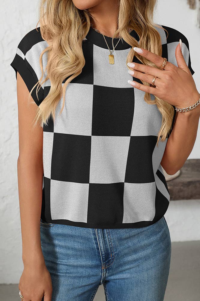Cropped Color Block Crewneck Knit Checkerboard Sweater MD167