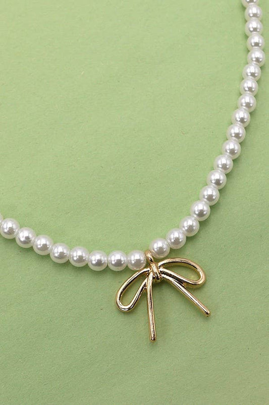 PEARL BOW CHARM NECKLACE