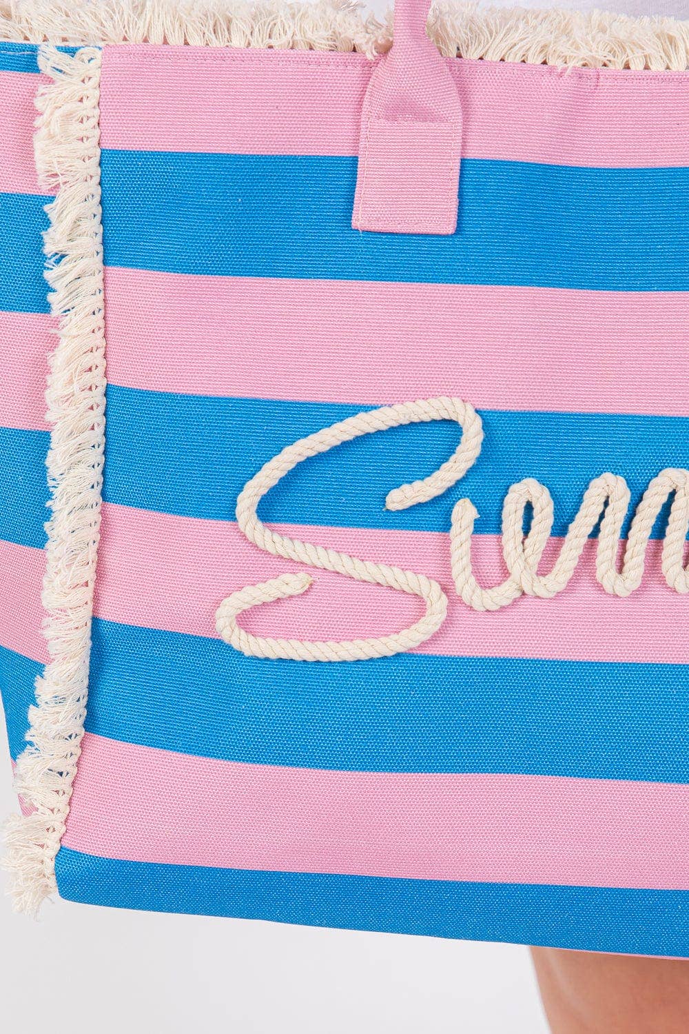 Sewn Tope Summer Letter Fringe Striped Tote Bag: Pink Green