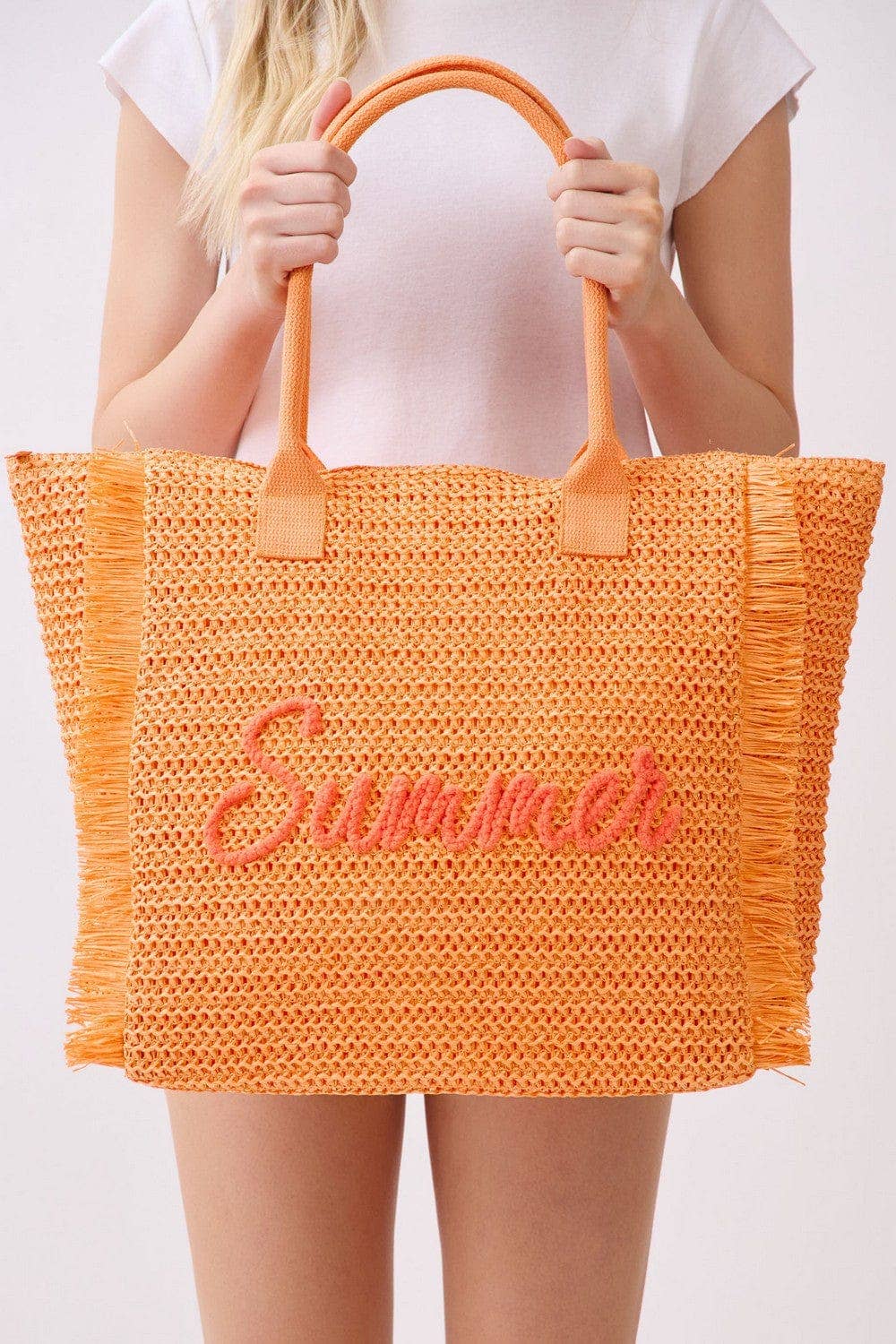 Straw Fringe Summer Beach Tote Bag: Pink