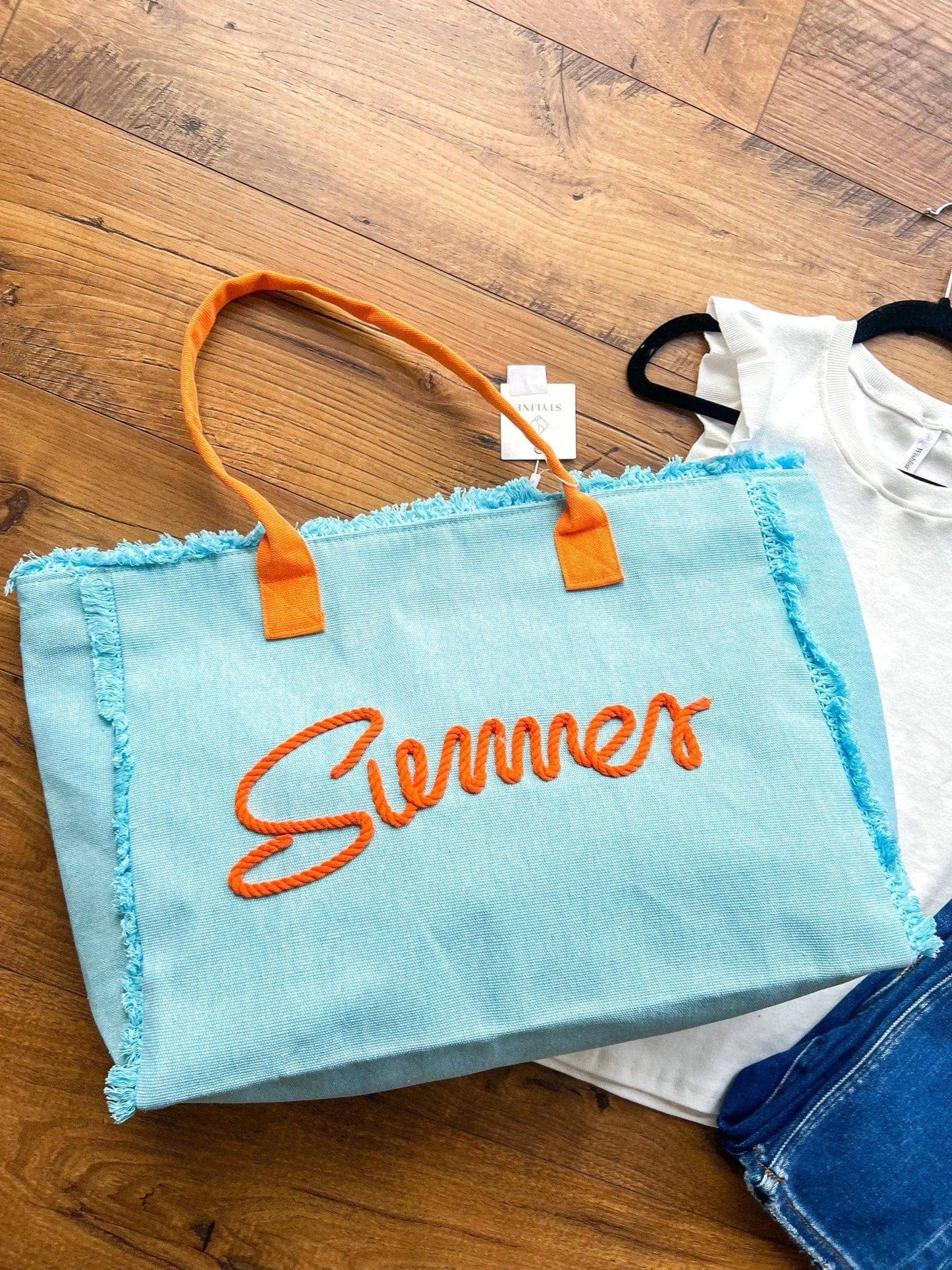 Sewn Rope Summer Letter Fringe Tote Bag: Orange
