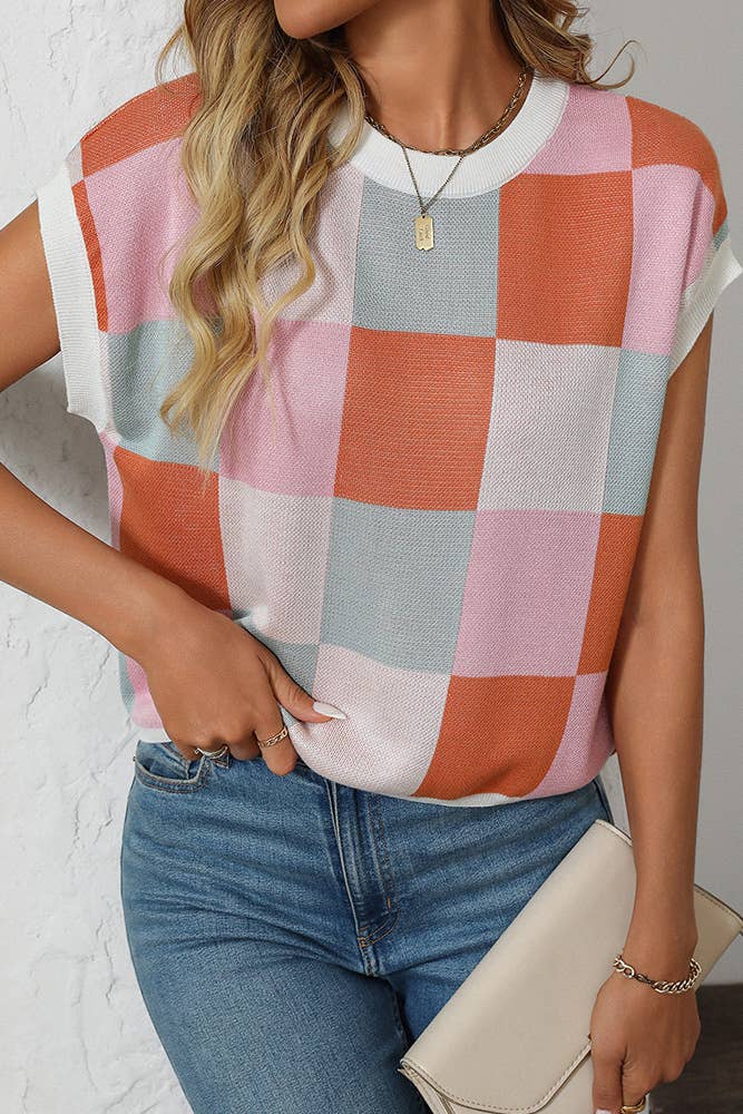 Cropped Color Block Crewneck Knit Checkerboard Sweater MD167